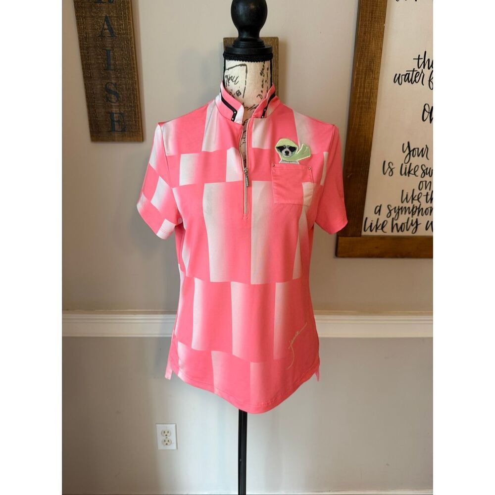 Jamie Sadock Women's Geometric Print  Short Sleeve Golo Polo Shirt Pink Small